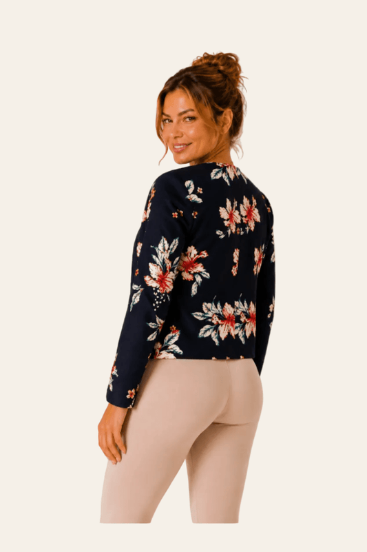 nife elegante dames jas met een ronde halslijn en vrolijk bloemmotief