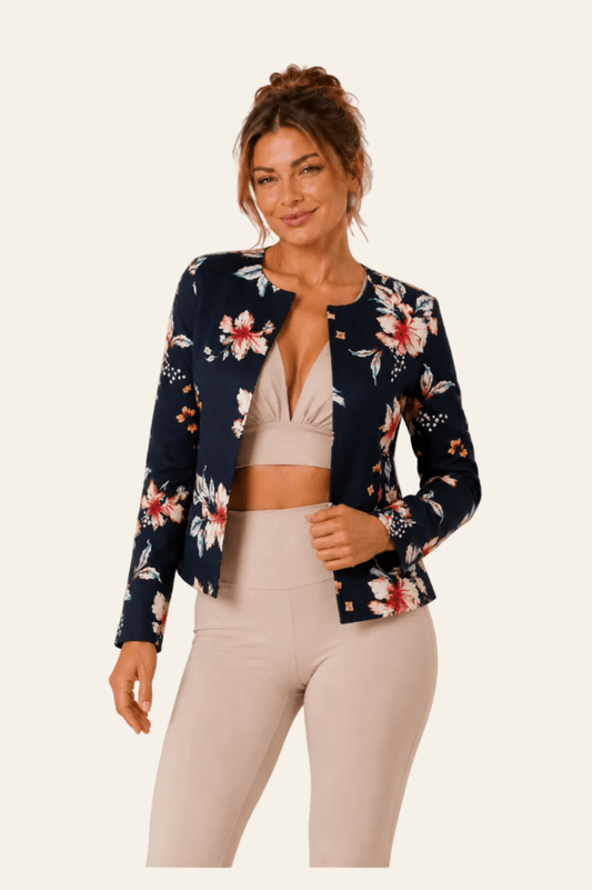nife elegante dames jas met een ronde halslijn en vrolijk bloemmotief