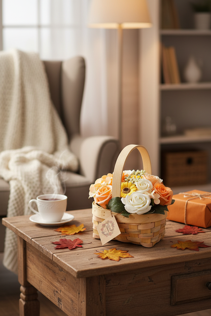 Oranje boeket in rieten mand lifestyle
