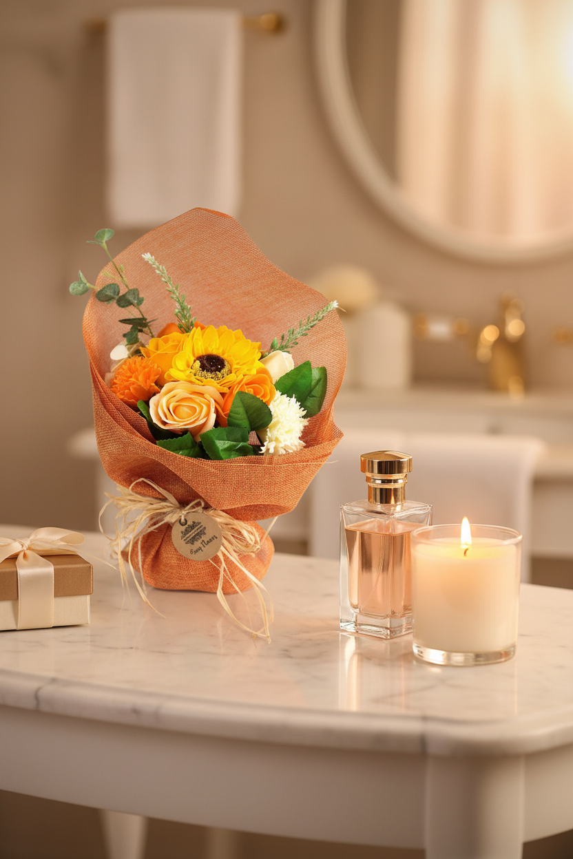 Oranje zeepbloemen boeket lifestyle