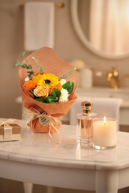 Oranje zeepbloemen boeket lifestyle