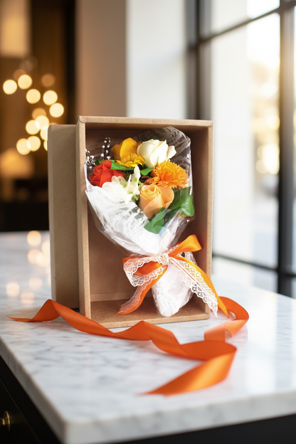 Oranje zeepbloemen in doos premium lifestyle