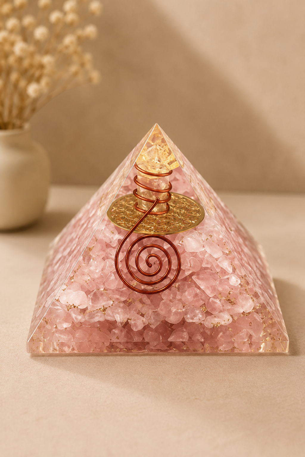 Rozenkwarts orgoniet piramide met koperen spiraal