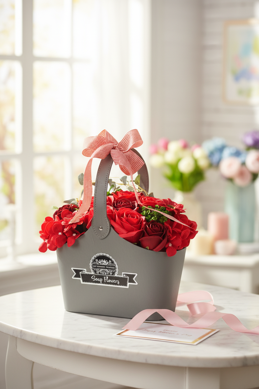 Rode zeepbloemen mand Moederdag lifestyle