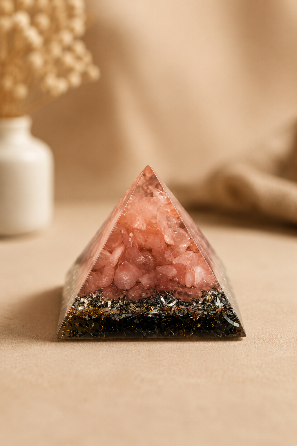 Mini piramide van rozenkwarts orgoniet met koper