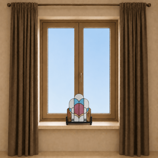 Staand Tiffany glaspaneel met geometrisch rozekleurig, blauwkleurig en witkleurig glas-in-lood op vensterbank
