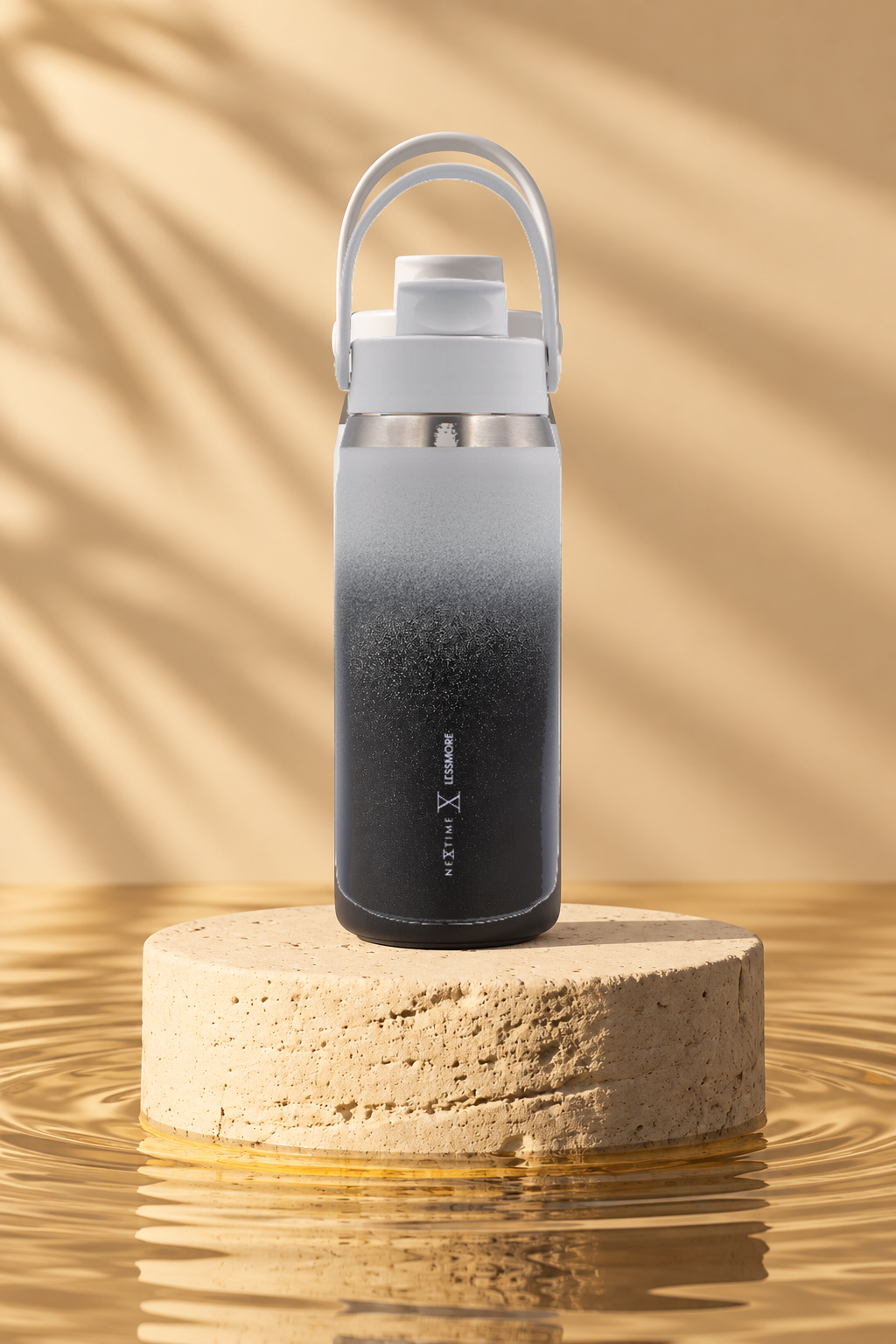 Thermische drinkfles 710 ml van gerecycled RVS met dubbelwandige isolatie, draagbeugel en zwart-wit kleurverloop op beige plateau