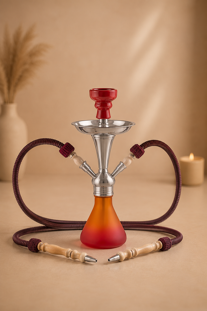 Shisha waterpijp oranje rood met twee slangen