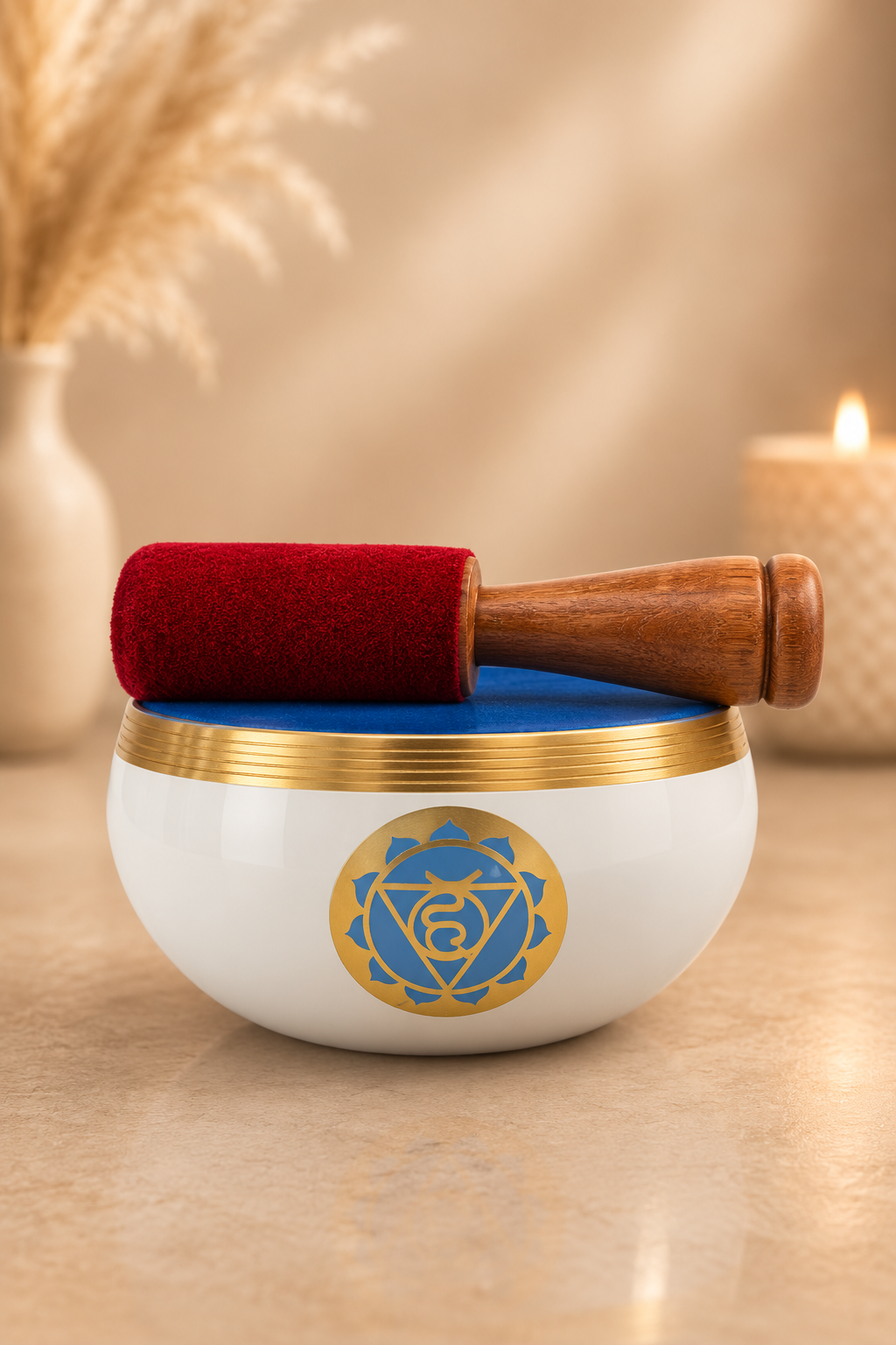Witte chakra klankschaal set met keelchakra symbool