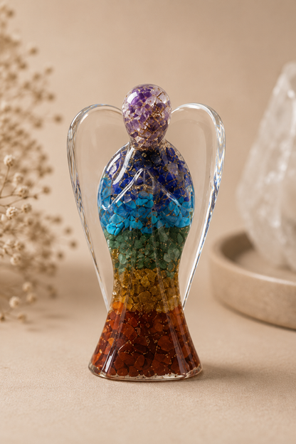 Groot orgonite engelenbeeld met zeven gekleurde chakra edelsteenlagen van 20cm